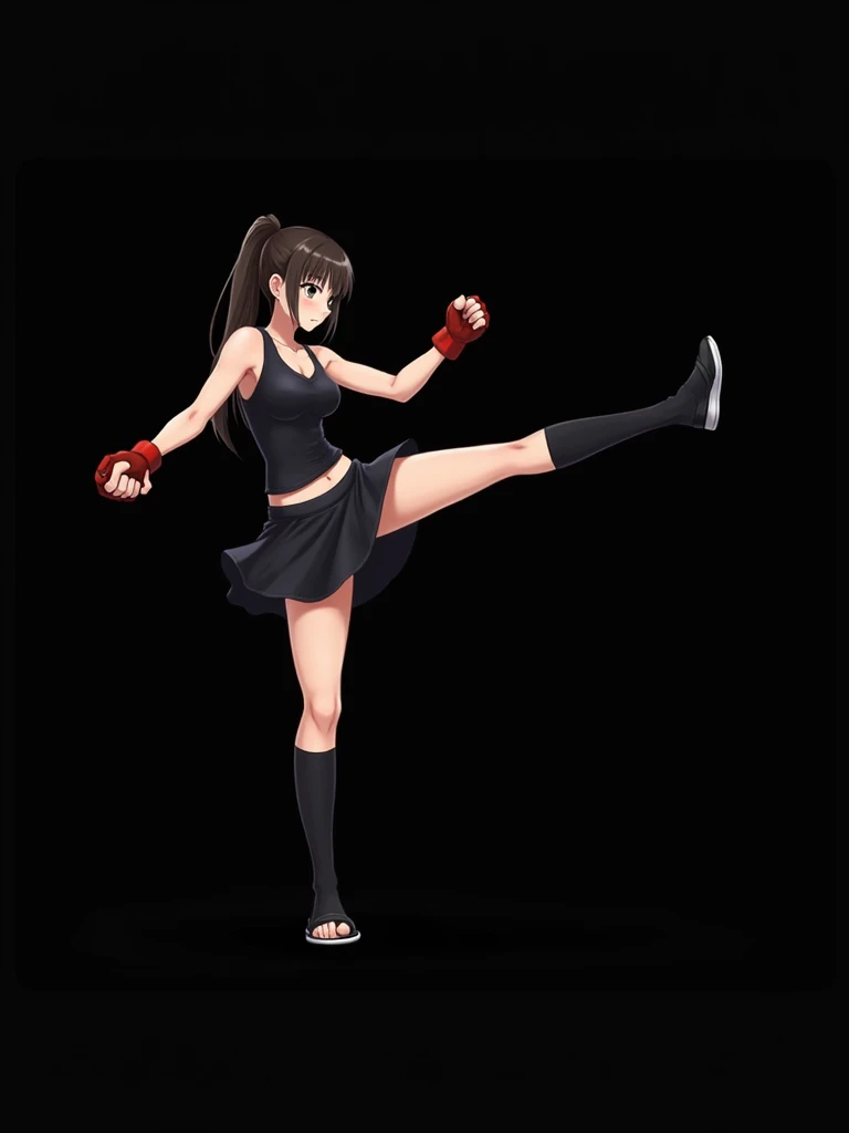 a close up of a person in a short skirt and a black top, fight pose, fighter pose, fighting pose, boxing stance, fighting stance, attack pose, mma southpaw stance, combat pose, in fighter poses, combat stance, anime pose, running pose, fighting game character, posing for a fight intricate, tifa, full body with dynamic pose