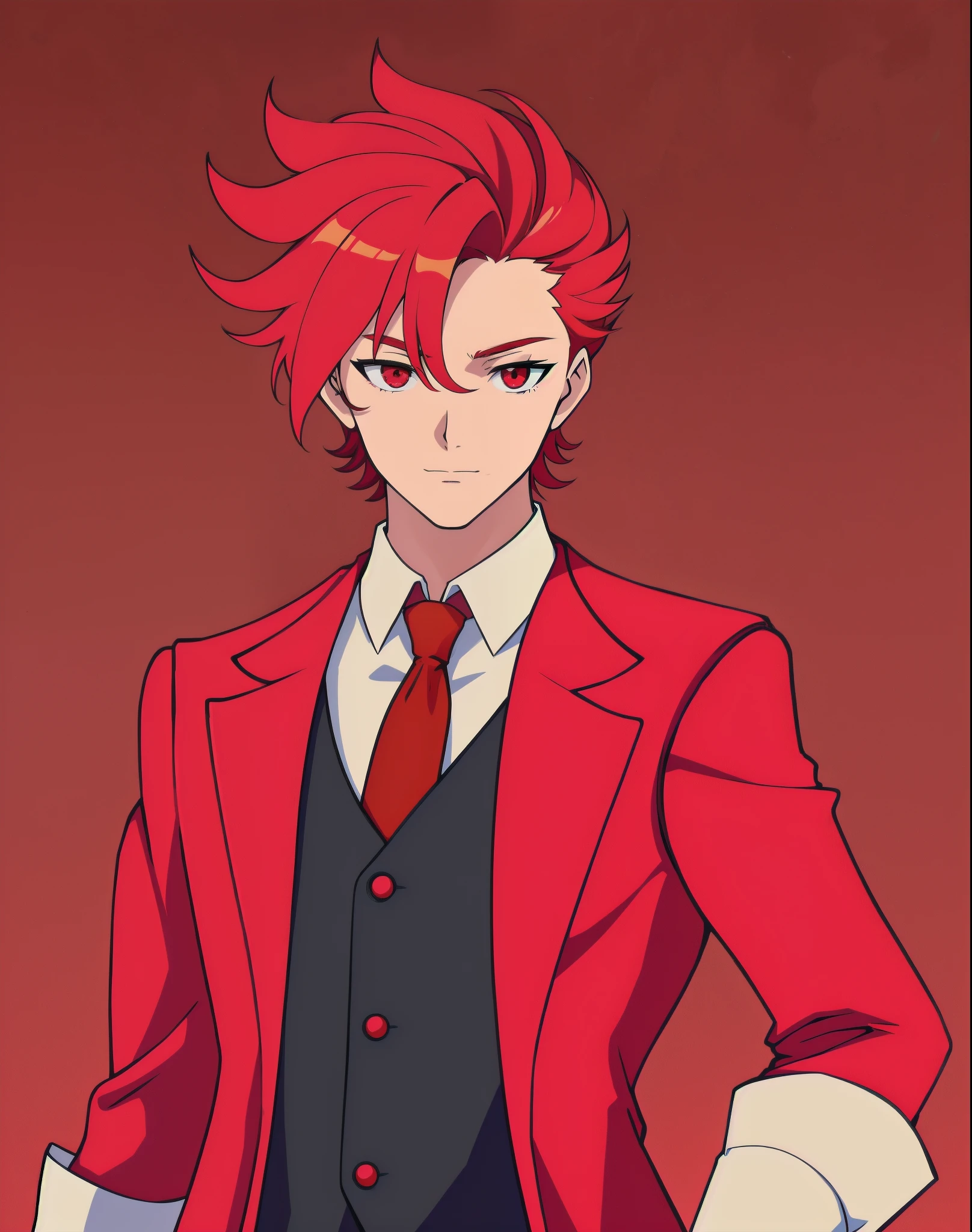 anime boy, red suit, red coat, (beautiful and aesthetic:1. 5), thick black lineart, clean lineart, perfect lineart, sharp lineart, best quality, high quality, best quality, ultra-detailed, HD,
