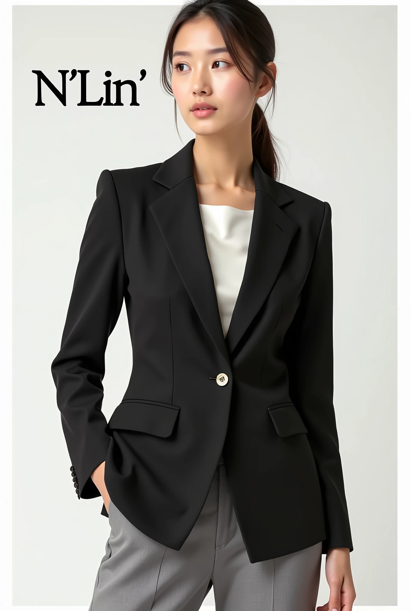 Create a fashion poster featuring a women's blazer as the main product, with the brand name 'N'Lin' prominently displayed in the image. The poster should exude elegance and sophistication, appealing to young women with a refined and trendy sense of style. Use a minimalist design with a clean background, focusing on the blazer's details and quality. The typography should be sleek and modern, and the placement of 'N'Lin' should be tasteful yet noticeable, reinforcing the brand's identity within the high-fashion market.