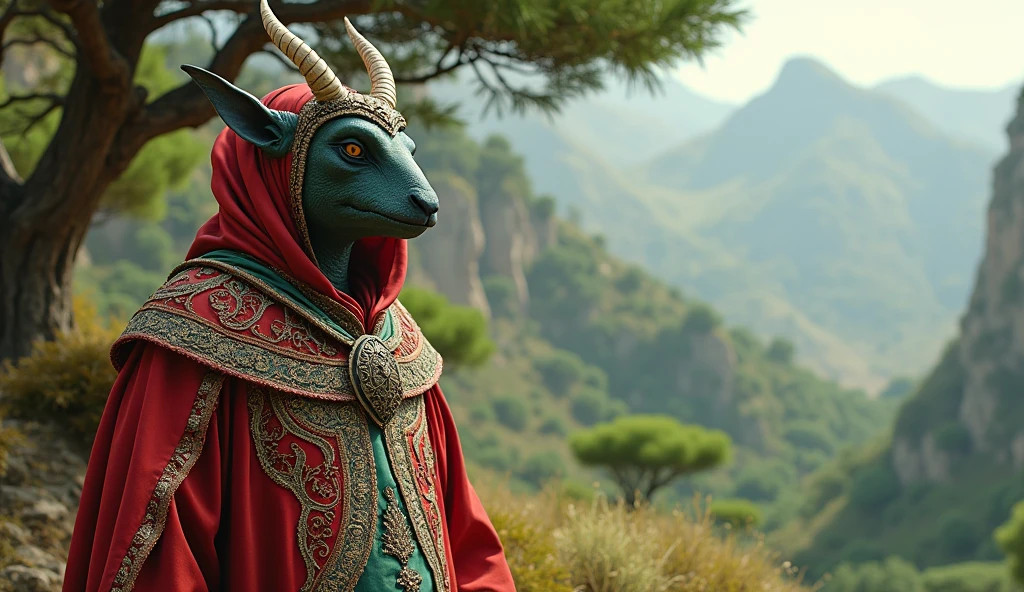 Lebanon as a middle east arabic League of Legend creature in carmine red, white and green colors with a green cedar tree. Intricated clothing. Cinematic Fantasy sci-fi landscape background