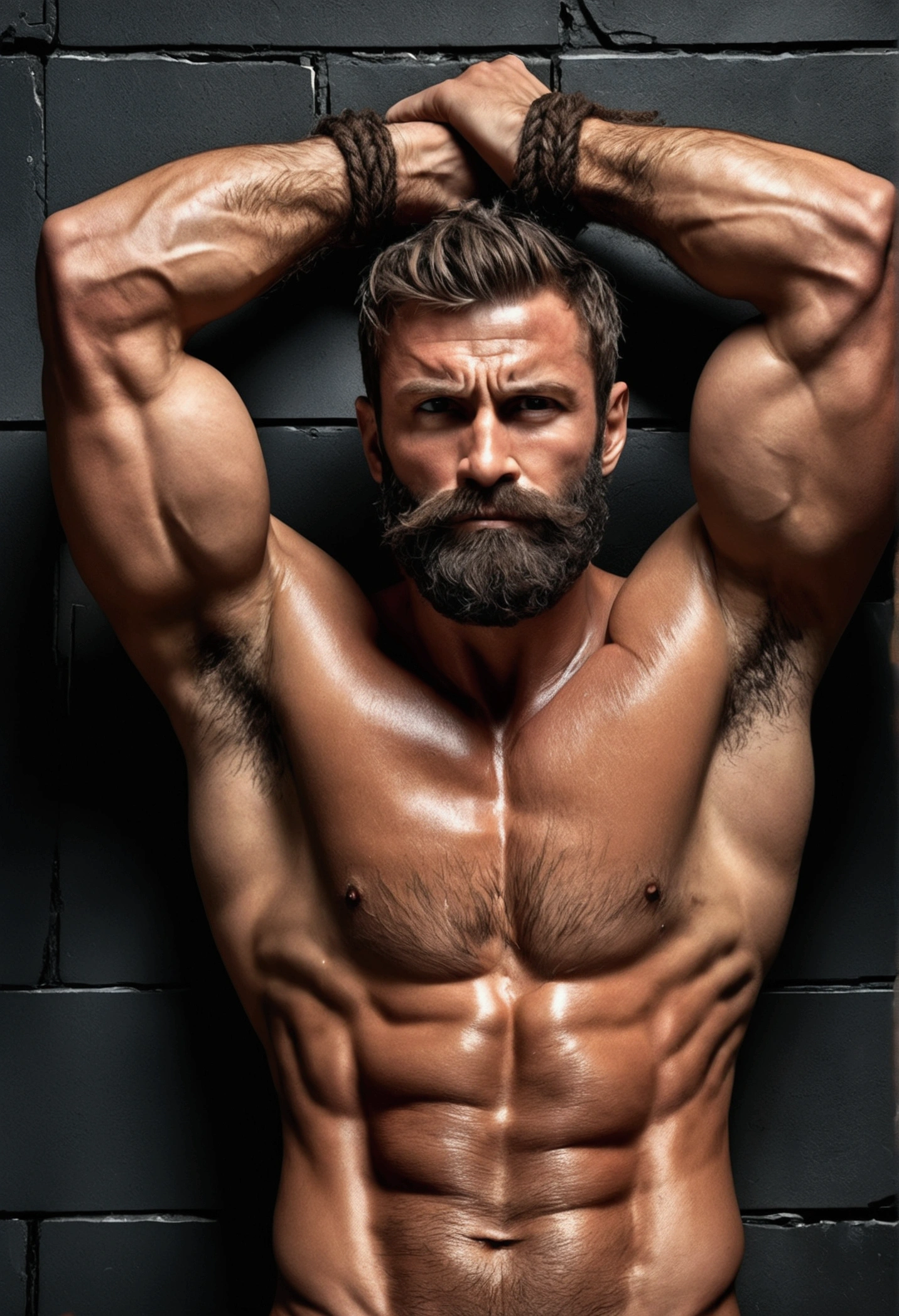 muscular fit man, shirtless, big pecs, tied up to wall, hands over head, very hairy chest, Bushy beard, 6 pack abs, (best quality,4k,8k,highres,masterpiece:1.2),ultra-detailed,(realistic,photorealistic,photo-realistic:1.37),chiaroscuro lighting,dramatic lighting,moody lighting,high contrast,male portrait,masculine,powerful,rugged,raw,gritty