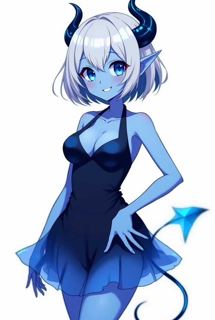 score_9, score_8_up, score_7_up,((best quality)), absurdnes, ((best quality)), CoquelinePXL, 1 femboy, feminine male, adult, 20 years old, black pupil, glowing blue iris, black sclera, blue skin, short peekaboo style hair((white outside, black inside)), pointy elf ears, bluish-black short demon horns, azure blue demon tail, mini skirt empire waist dress, mini skirt, translucent skirt, sleeveless, empire waist dress, turtle neck, solid white background, solo, hand on waist, looking at viewer, big ass, small breast, flat chest, no cleavage, anime inspired art, lewd, seductive smile