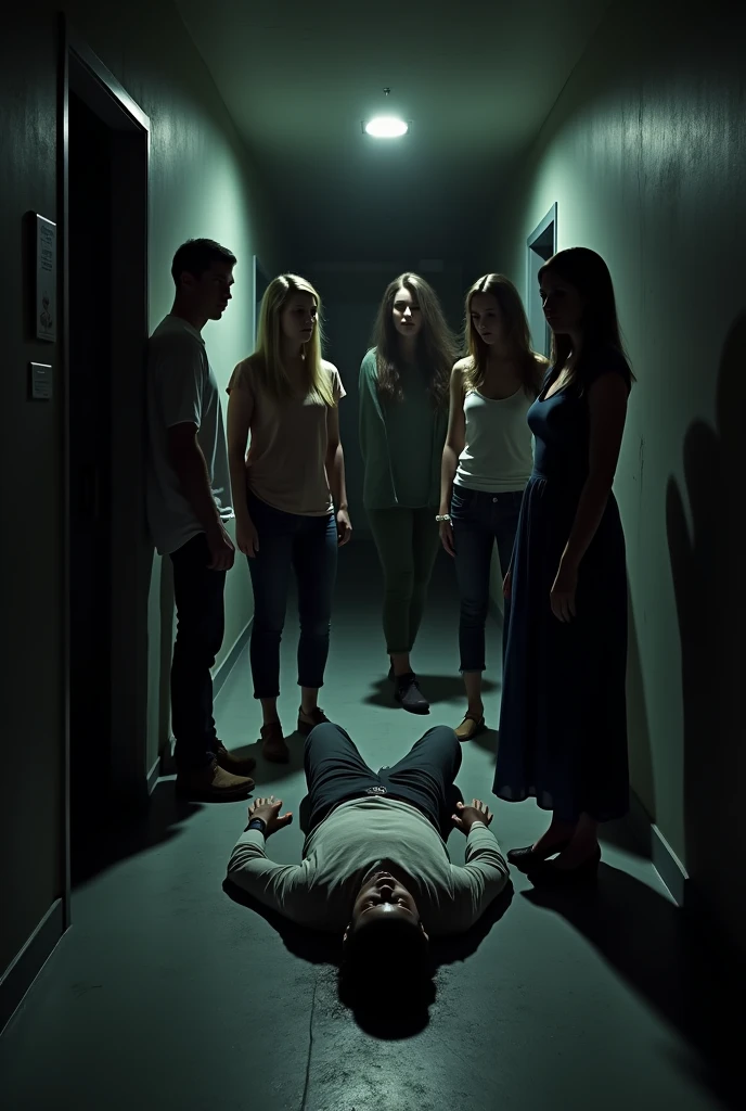 (photorealism:1.2), Dark corridor, light at the end. In the center are six people, three women and three men. The dead body of a 50-year-old man is lying on the floor, only the head and a bit of the body are visible. It is important that there are 6 people in the middle and a dead man in the foreground. One of the girls must be wearing a dress. IMPORTANT: There are a total of 7 people in the composition, one dead body and 6 people standing over the dead body