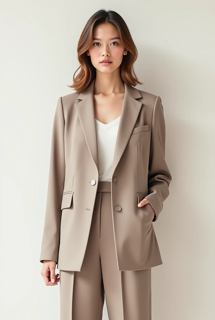 Create a fashion poster featuring a women's blazer as the main product, with the brand name 'N'Lin' prominently displayed in the image. The poster should exude elegance and sophistication, appealing to young women with a refined and trendy sense of style. Use a minimalist design with a clean background, focusing on the blazer's details and quality. The typography should be sleek and modern, and the placement of 'N'Lin' should be tasteful yet noticeable, reinforcing the brand's identity within the high-fashion market.