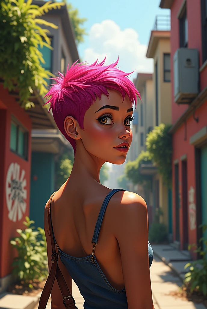 Latina woman with short pixie cut and pink hair looking to the side in a Life Is Strange 3d style