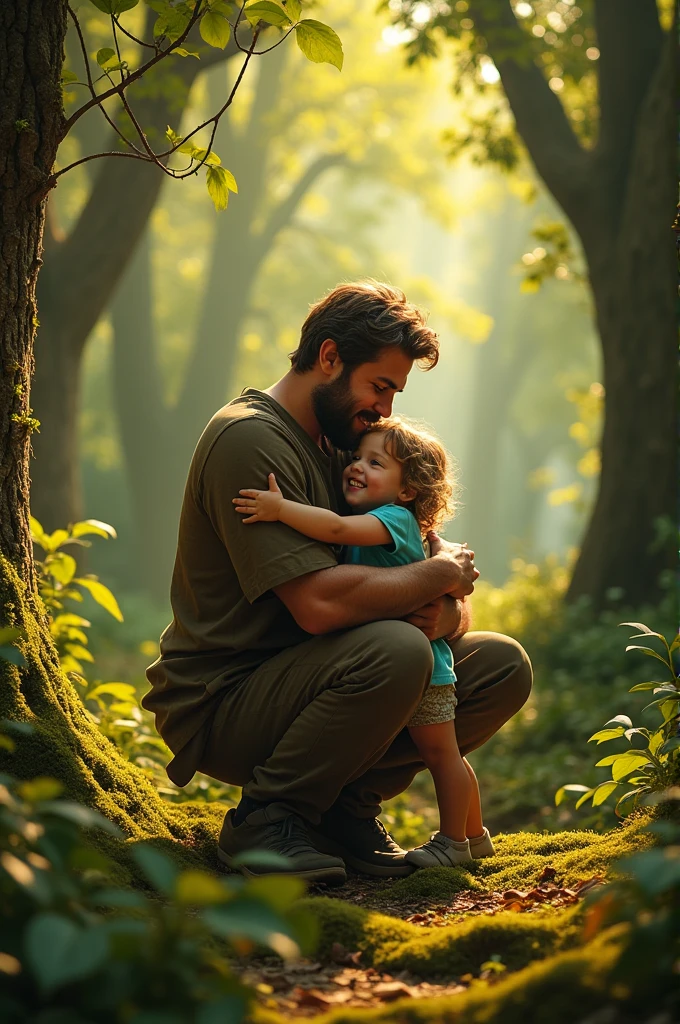 Draw a picture of a  in a giant forest hugging their father
