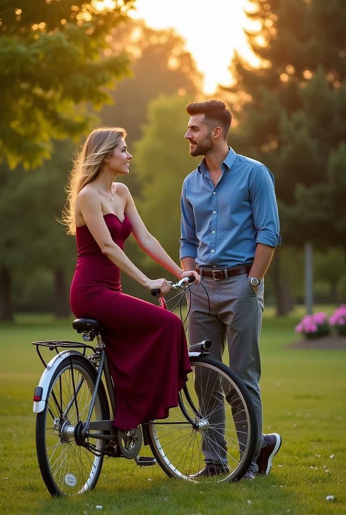woman marun dress man bark blue shirt grey pant in bike