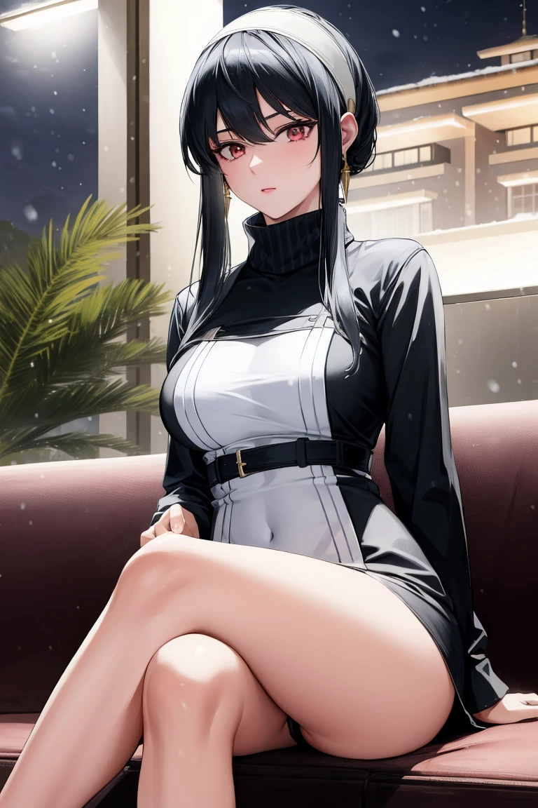(Night:1.7), palms, pine_tree,sky,snow, snowing,tower, town, tree,
sitting at attention,sitting on couch,
pink turtleneck black capelet white shirt jewelry white sleeves long sleeves navel cutout black skirt pink frills,
bbyorf, short hair with long locks, white hairband, red eyes, gold earrings,
1 girl, 20yo,mature female,Beautiful Finger,Beautiful long legs,Beautiful body,Beautiful Nose,Beautiful character design, perfect eyes, perfect face,
looking at viewer, (innocent_big_eyes:1.0),(expressionless:1.3),
NSFW,official art,extremely detailed CG unity 8k wallpaper, perfect lighting,Colorful, Bright_Front_face_Lighting,
(masterpiece:1.0),(best_quality:1.0), ultra high res,4K,ultra-detailed,
photography, 8K, HDR, highres, absurdres:1.2, Kodak portra 400, film grain, blurry background, bokeh:1.2, lens flare, (vibrant_color:1.2)
(Beautiful,medium_Breasts:1.4), (beautiful_face:1.5),(narrow_waist),