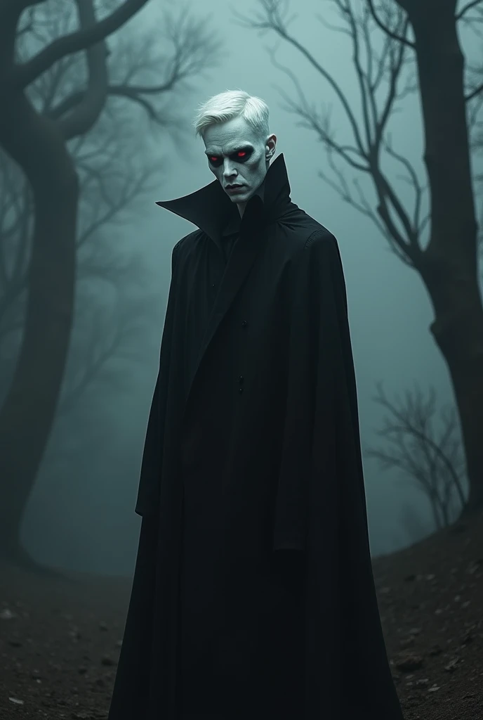 Profile of an albino demon, pale translucent skin, short platinum white hair, Red eyes, the sclera of your eye is black, is man, wear black clothes, Leave him dark 