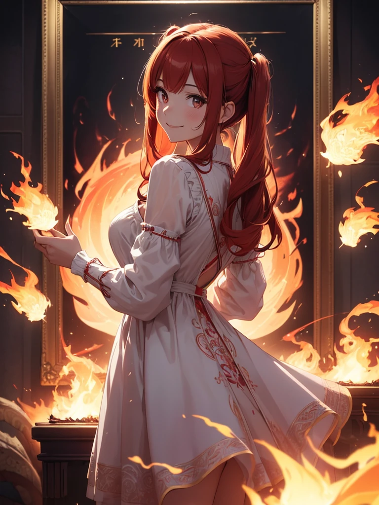 (((best quality, sharp image, clear image, cinematic lighting, 8k resolution, masterpiece, ultra detailed, intricate))) Girl, (((looking over left shoulder))), (shot from behind), ((shot from hip up)), fiery red hair, pigtails, ((white dress)), ((flaming sigils, flaming runes)), spiky rock formations, (flaming lotus flowers frame), (intricate background), ((Phoenix)), (swirling flames), smiling
