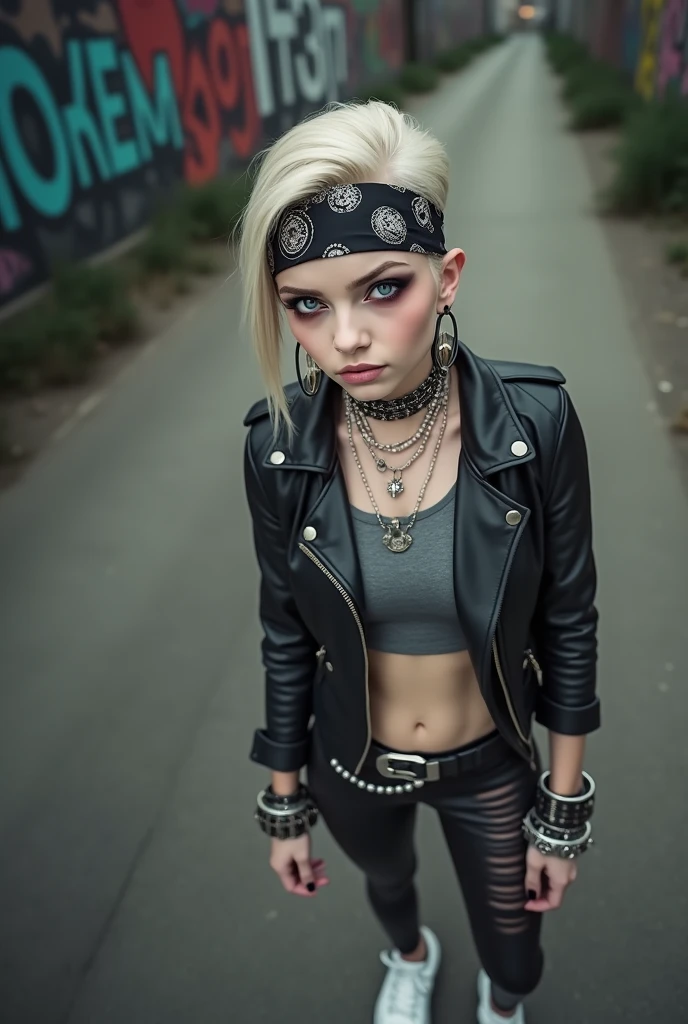 russian milf woman, biker gang member, platinum blonde hair (straight, middle part) with bandana headband, with very light blue eyes, extremely pale, heavy eye shadows. Sad face, smeared make up, runny mascara. Wearing black moto jacket, cropped rock t-shirt, leopard black leggings and white tennis sneakers . Lots of metallic bracelets and lots of pearl collars. Tacky leather belt with oversized, excessive silver buckle. Hands in pockets Wide loop earrings. Hands in pockets