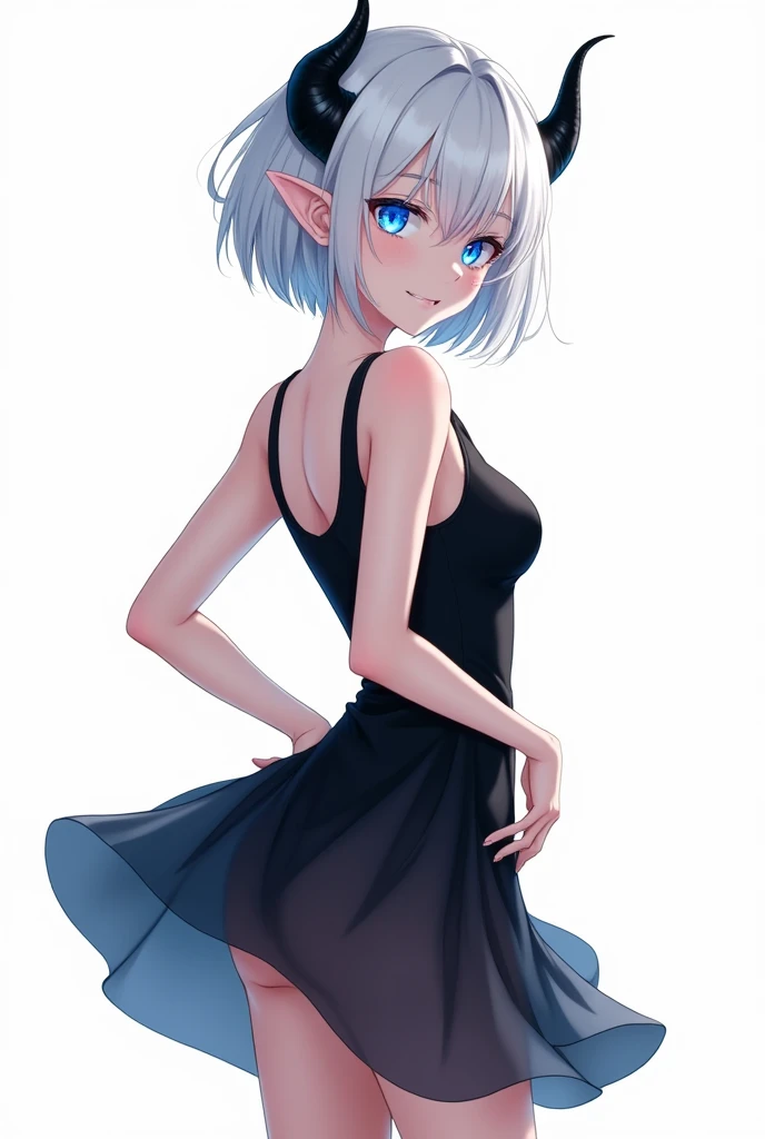 score_9, score_8_up, score_7_up,((best quality)), absurdnes, ((best quality)), CoquelinePXL, 1 femboy, feminine male, adult, 20 years old, black pupil, glowing blue iris, black sclera, blue skin, short peekaboo style hair((white outside, black inside)), pointy elf ears, bluish-black short demon horns, azure blue demon tail, mini skirt empire waist dress, mini skirt, translucent skirt, sleeveless, empire waist dress, turtle neck, solid white background, solo, hand on waist, looking at viewer, big ass, small breast, flat chest, no cleavage, anime inspired art, lewd, seductive smile