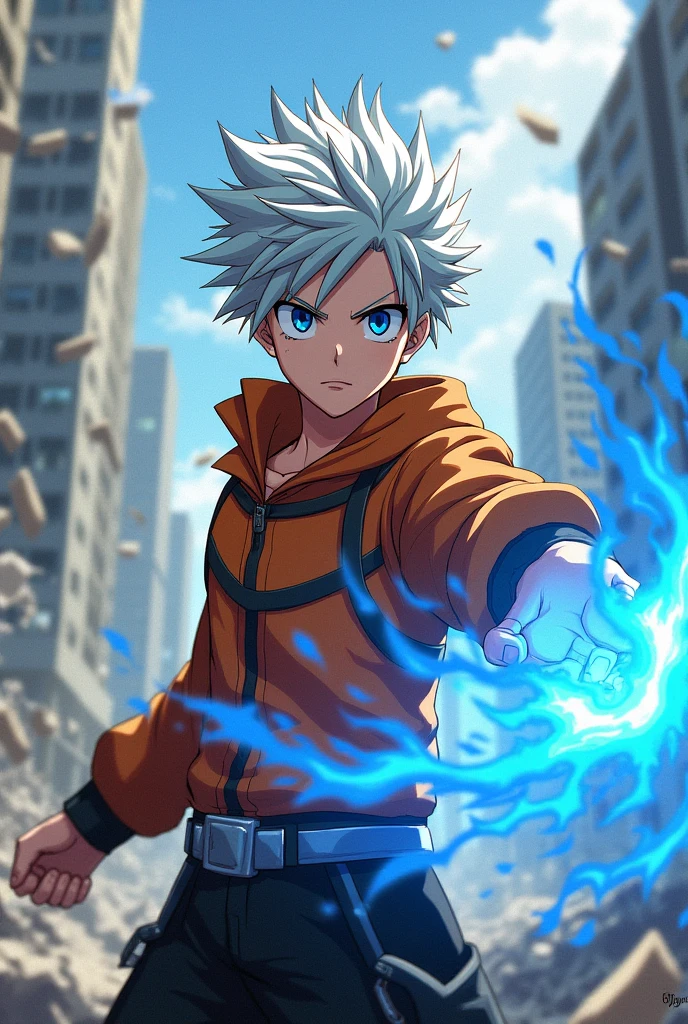 1 boy, teenager, short white hair and blue eyes solo, five fingers, boy, cute and stylish orange and black outfit, Fairy Tail anime style art, epic fight scene, preparing a blue flame strike, going into battle, background destroyed fight