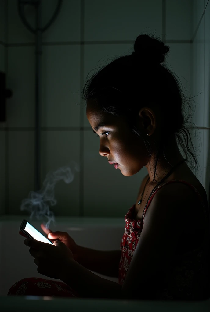 A young Guajiro girl with a cell phone in her hand inside a bathtub.
Image type silhouette