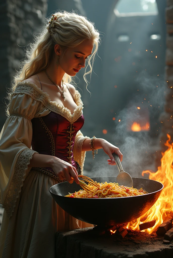 Victorian transwoman in Bridgeton style, at the siege of Helm's Deep, cooking Pad Thai for Gandalf the White