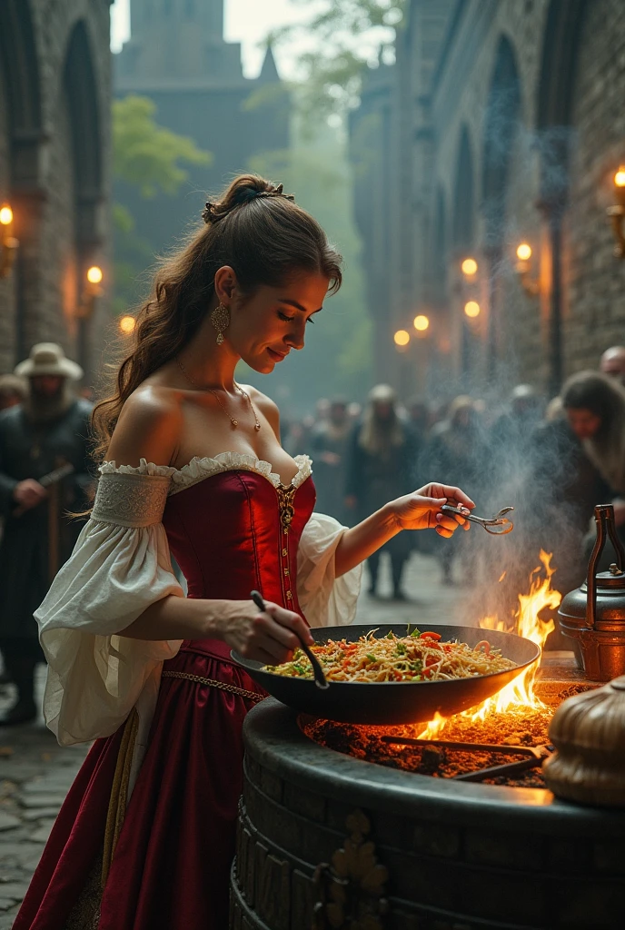 Victorian transwoman in Bridgeton style, at the siege of Helm's Deep, cooking Pad Thai for Gandalf the White