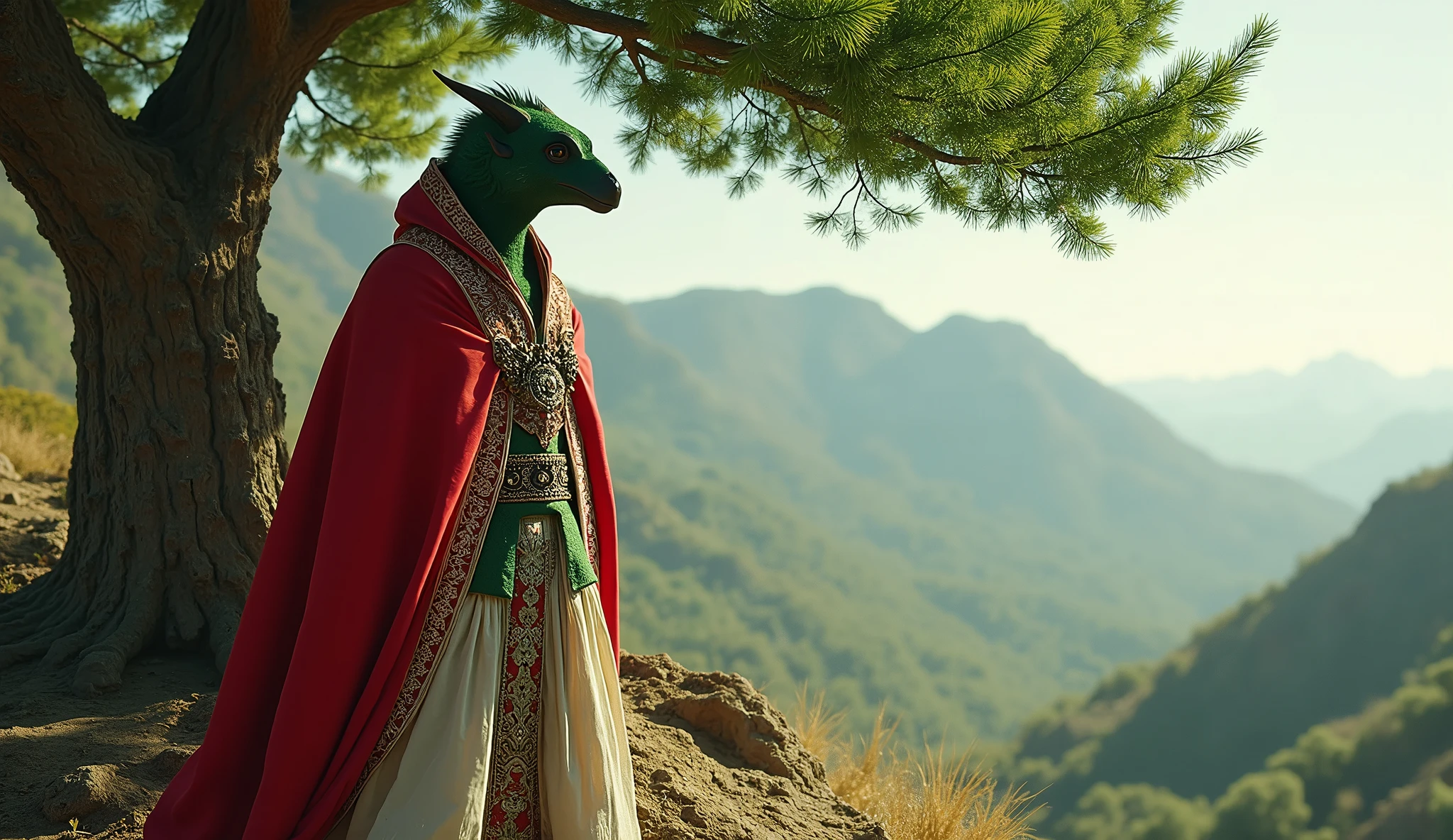 Lebanon as a middle east arabic League of Legend creature in carmine red, white and green colors with a green cedar tree. Intricated clothing. Cinematic Fantasy sci-fi landscape background
