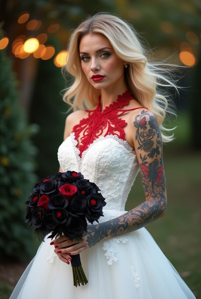 a one woman, Alta loira, with strong makeup red lipstick, wearing a wedding dress, with red details on the neckline and hem of the dress, with a neckline showing all her tattoos., a butterfly tattoo on the chest, on the feet red high heels, She wore a dress with red stains on her hands, a bouquet of black roses