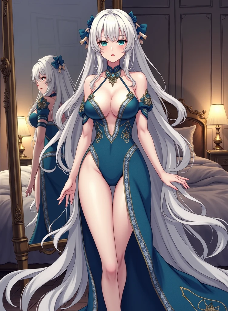 Sylphy from (Mushoku Tensei). she is a strikingly beautiful young woman stands confidently before a mirror in an elegant, softly lit bedroom. She has an exaggerated, hyper-feminine figure, with an impossibly narrow waist, wide hips, and ((extraordinarily large, high-profile breasts)) that give her an hourglass silhouette. Her skin is flawless and radiant, with a porcelain-like texture that catches the light, giving her a glowing, almost ethereal appearance.
Her face is doll-like and perfectly symmetrical, with full, pouty lips in a deep, natural pink hue. Her eyes are large, captivating, and framed by long, fluttering eyelashes that highlight her mesmerizing emerald-green irises. She has a small, refined nose and a softly rounded jawline that adds to her delicate yet seductive appearance. Her cheeks have a natural, rosy blush, giving her a youthful and vibrant look.
Her long, voluminous white-grey hair cascades down her back in soft waves, adding to her enchanting beauty. She is dressed in a form-fitting, elegant outfit that accentuates her curves, with her makeup meticulously applied to enhance her already stunning features. The overall effect is one of extreme femininity, with a slightly unnatural, almost fantastical quality to her beauty, making her appear as if she has stepped out of a dream.