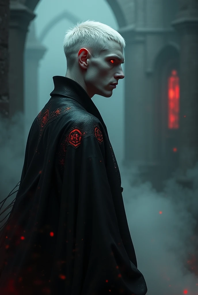 Profile of an albino demon, pale translucent skin, short platinum white hair, Red eyes, the sclera of your eye is black, is man, wear black clothes, Leave him dark