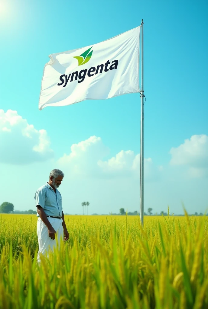 Create an image with telugu  farmer checking his rice field with syngenta name in middle of  white flag in middle of his field