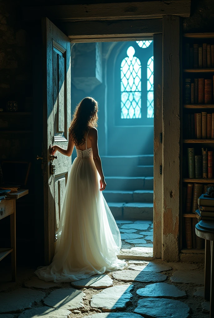 Image of a door slowly opening to reveal a hidden room as a woman steps inside