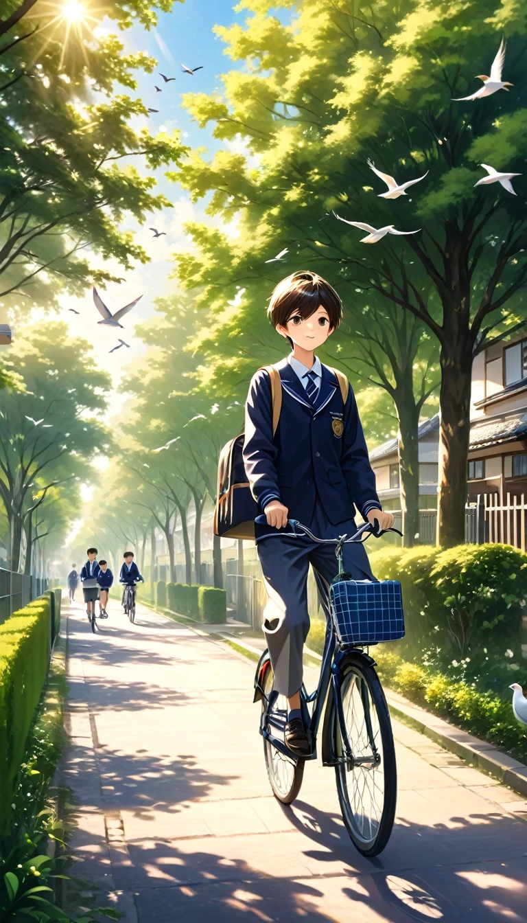 A handsome boy rides a bicycle on his way home from school。He is wearing a neat school uniform,Carrying a schoolbag,The handsome face bathed in the warm afternoon sun.。The surrounding residential environment is also clearly visible,Fences and spindle trees create a tranquil atmosphere。The birds flying in the distance add to the vitality。The whole photo has a super-realistic quality,Sharp details,Elegant depth of field,Perfectly capturing the tranquility and movement of this moment。This photo is a masterpiece。