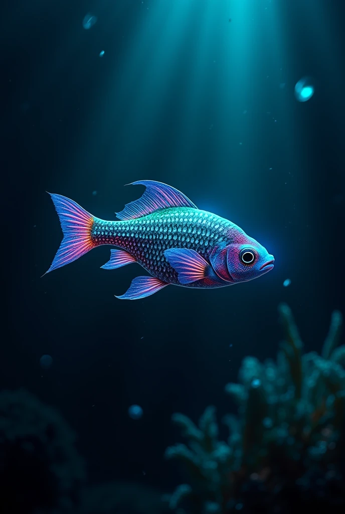 Hyperrealistic 8k horizontal image of a bioluminescent fish in the deep sea