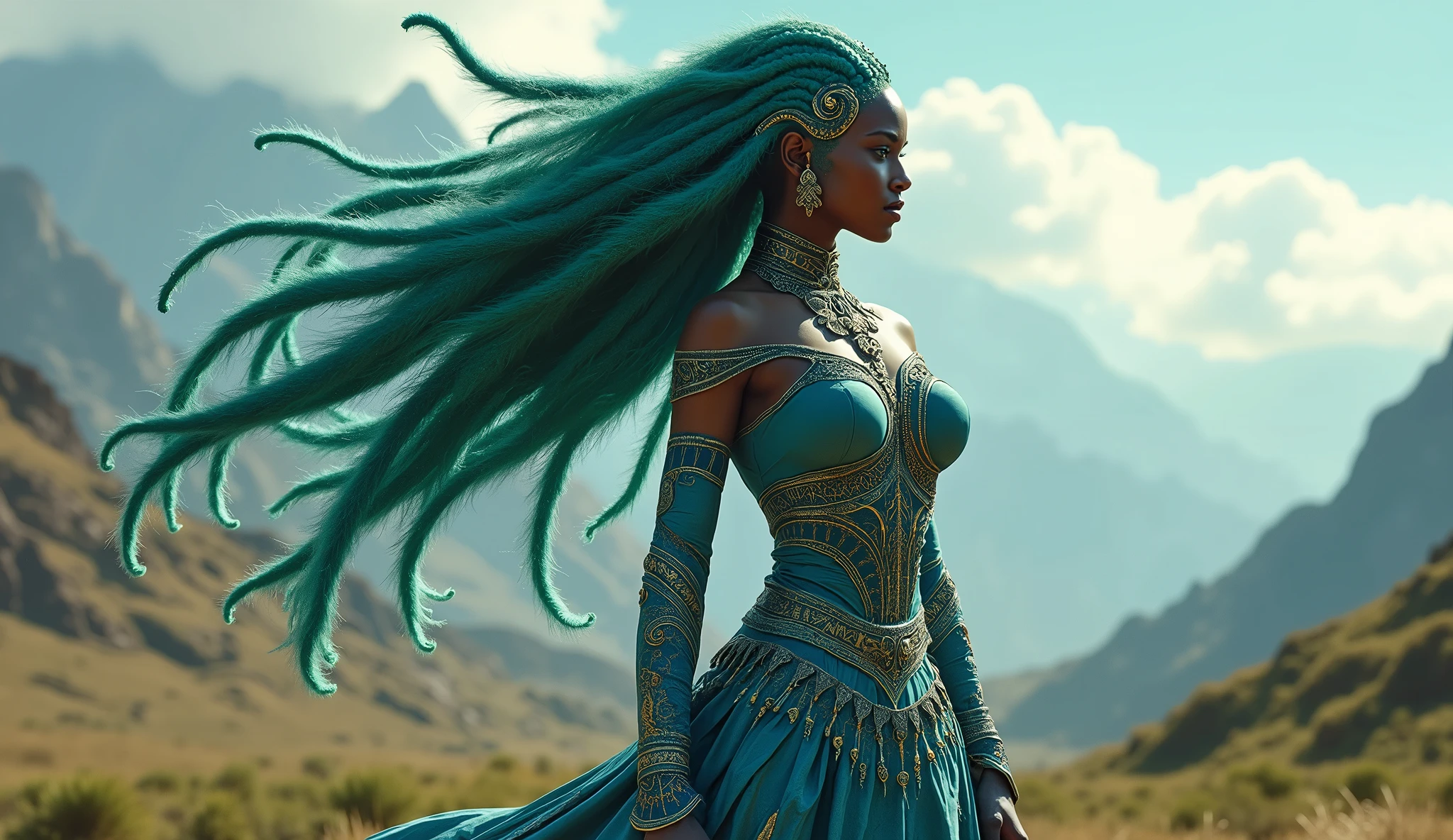 Lesotho as an african curvy female League of Legend creature in deep blue, white and jade green colors. Intricated clothing. Cinematic Fantasy sci-fi landscape background
