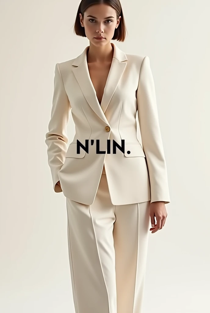 Create a fashion poster featuring a women's blazer as the main product, with the brand name 'N'Lin' prominently displayed in the image. The poster should exude elegance and sophistication, appealing to young women with a refined and trendy sense of style. Use a minimalist design with a clean background, focusing on the blazer's details and quality. The typography should be sleek and modern, and the placement of 'N'Lin' should be tasteful yet noticeable, reinforcing the brand's identity within the high-fashion market.