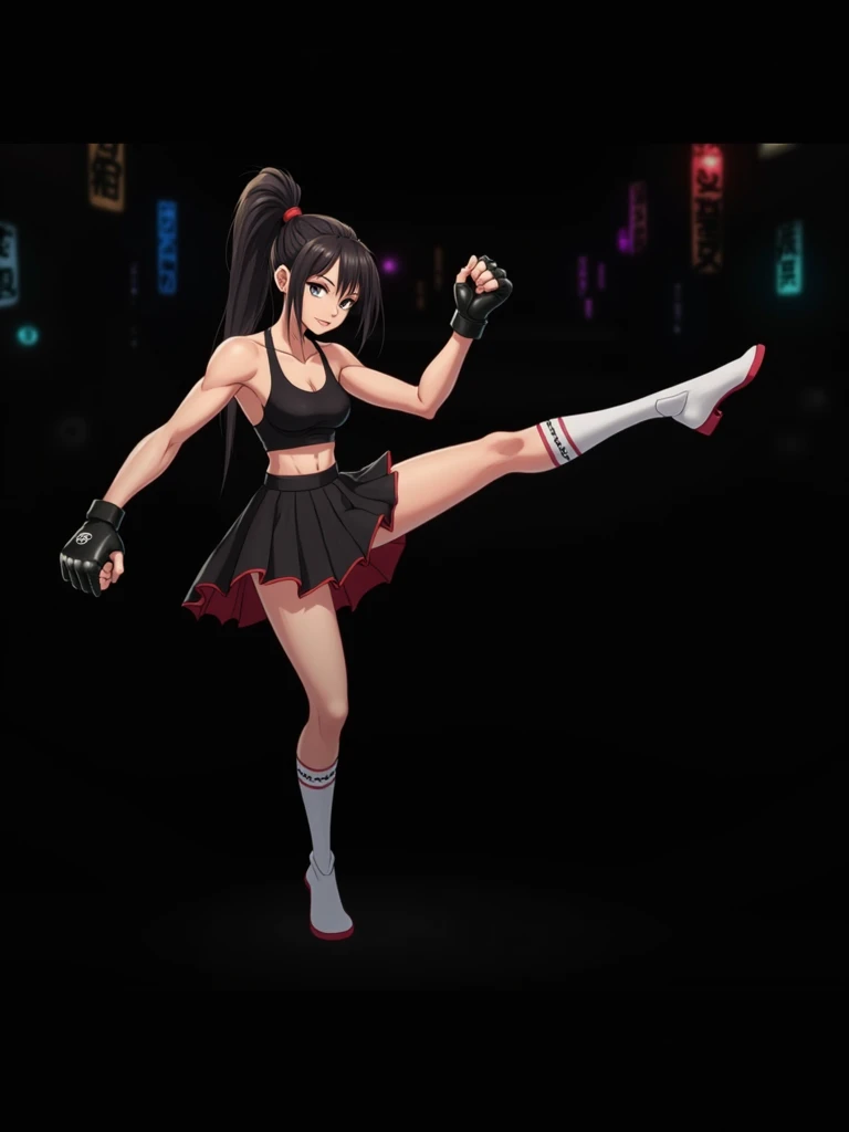 a close up of a person in a short skirt and a black top, fight pose, fighter pose, fighting pose, boxing stance, fighting stance, attack pose, mma southpaw stance, combat pose, in fighter poses, combat stance, anime pose, running pose, fighting game character, posing for a fight intricate, tifa, full body with dynamic pose