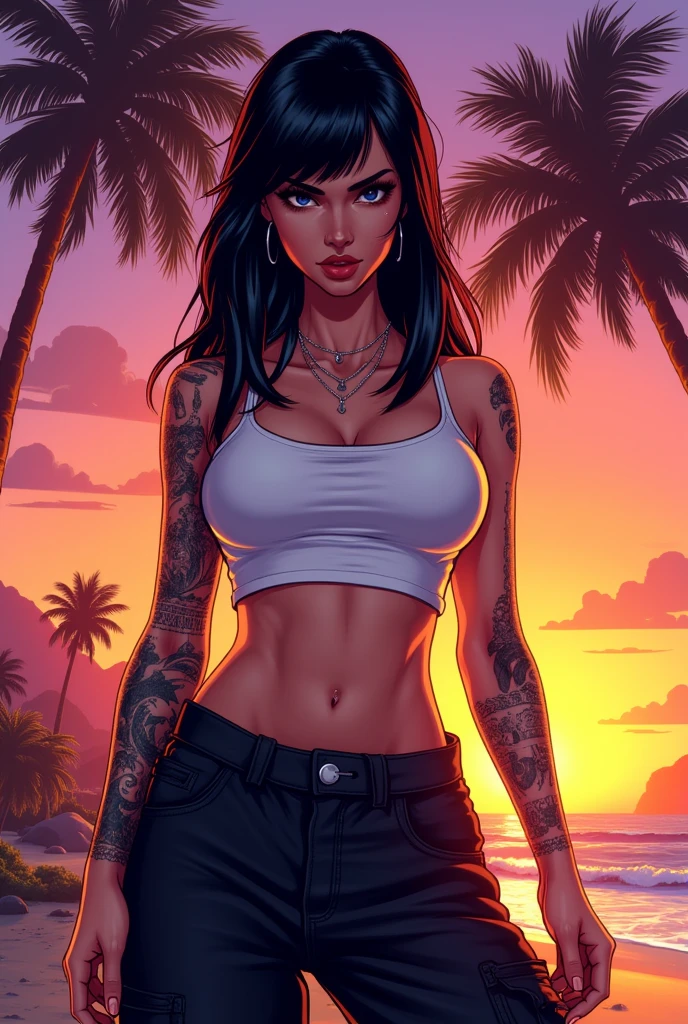 Generate a GTAV version image of a woman with black hair wearing a short white blouse and black cargo pants, DARK EYES WITH A FEW TATTOOS ON HIS ARM AND A BEACH SUNSET IN THE BACKGROUND, ALL IN GTA V STYLE.
Don't make it realistic, but rather in an illustration style, more animated.