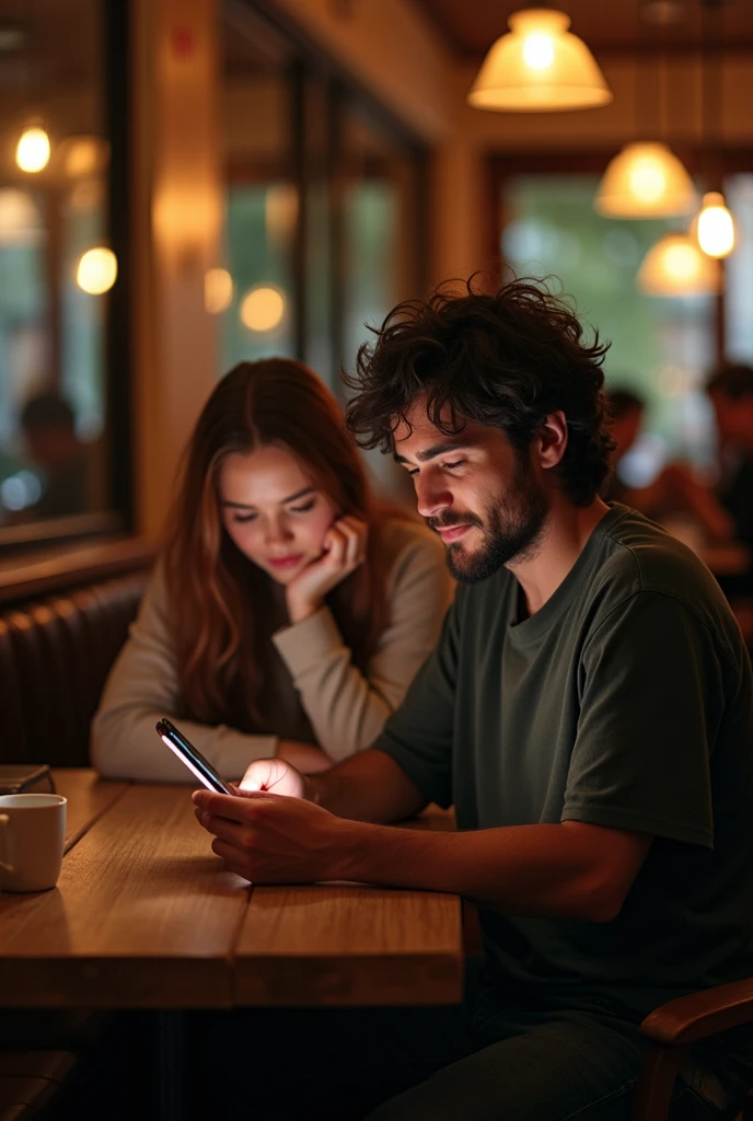 a man posting love quotes on his phone while his girlfriend is behind being sad because he’s not giving her attention.show his screen that posing love quotes.