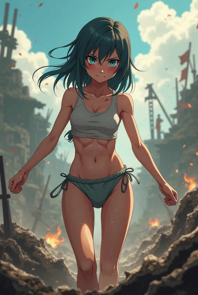 8k image, maximum graphics, wall-paper, 1 girl, panties soaking wet, flushed cheek, blue colored eyes, war scenario, legs spread open, angry expression, without bra, アニメ,without pants, Linda, abdomen
