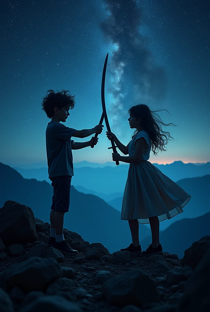 Dark sky twinkling milky way boy clashing swords with her gf mountain