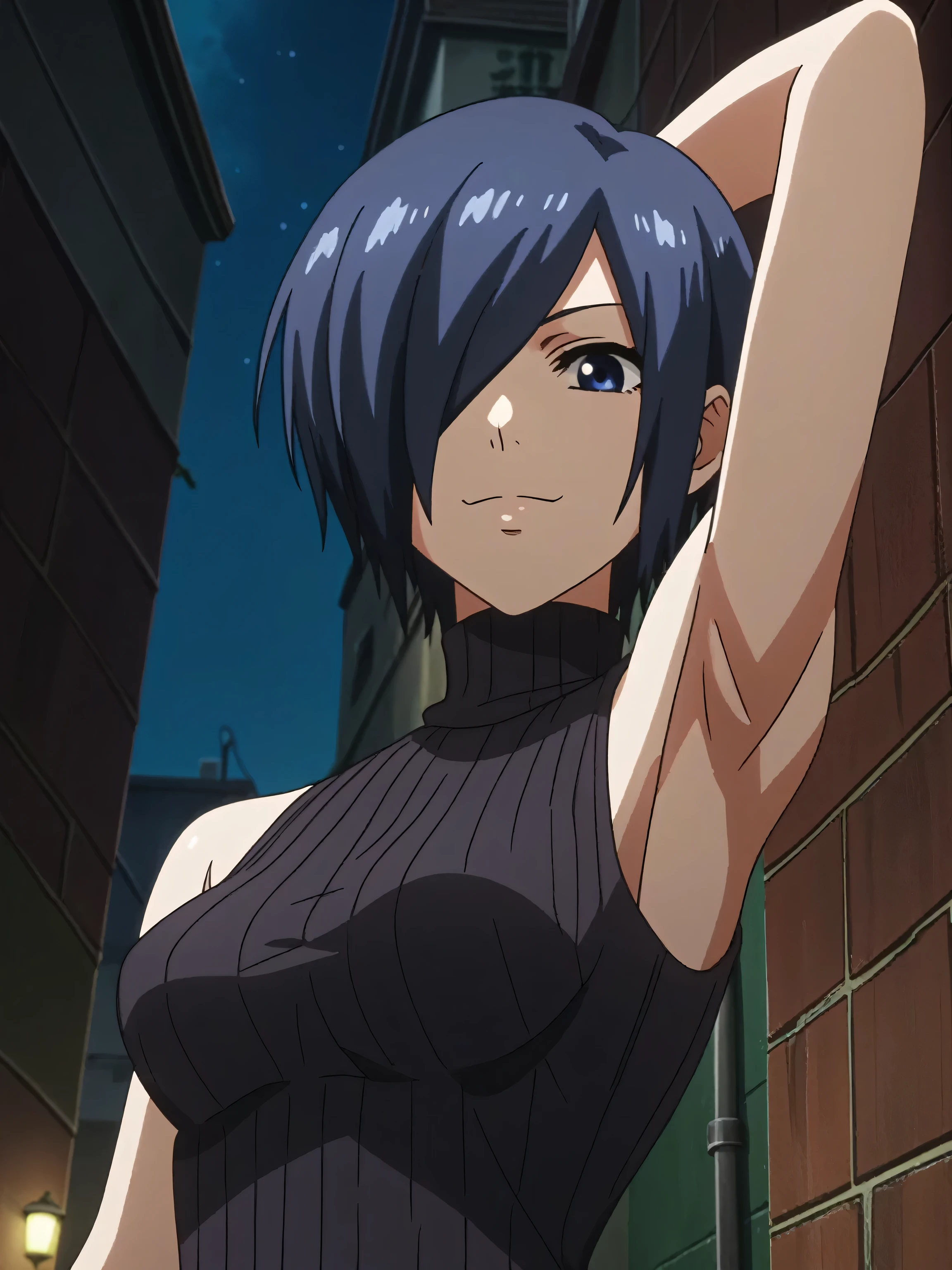 score_9, score_8_up, score_7_up, source_anime, anime screencap, outdoors, night, back alley, 1girl, solo, kirishima touka, blue hair, hair over one eye, blue eyes, medium breasts, sweater, ribbed sweater, ribbed, turtleneck, turtleneck sweater, black sweater, sleeveless sweater, sleeveless, bare shoulders, bare arms, looking at viewer, eye contact with viewer, smile, closed mouth, arm up, raised arm, armpit, from side, from below