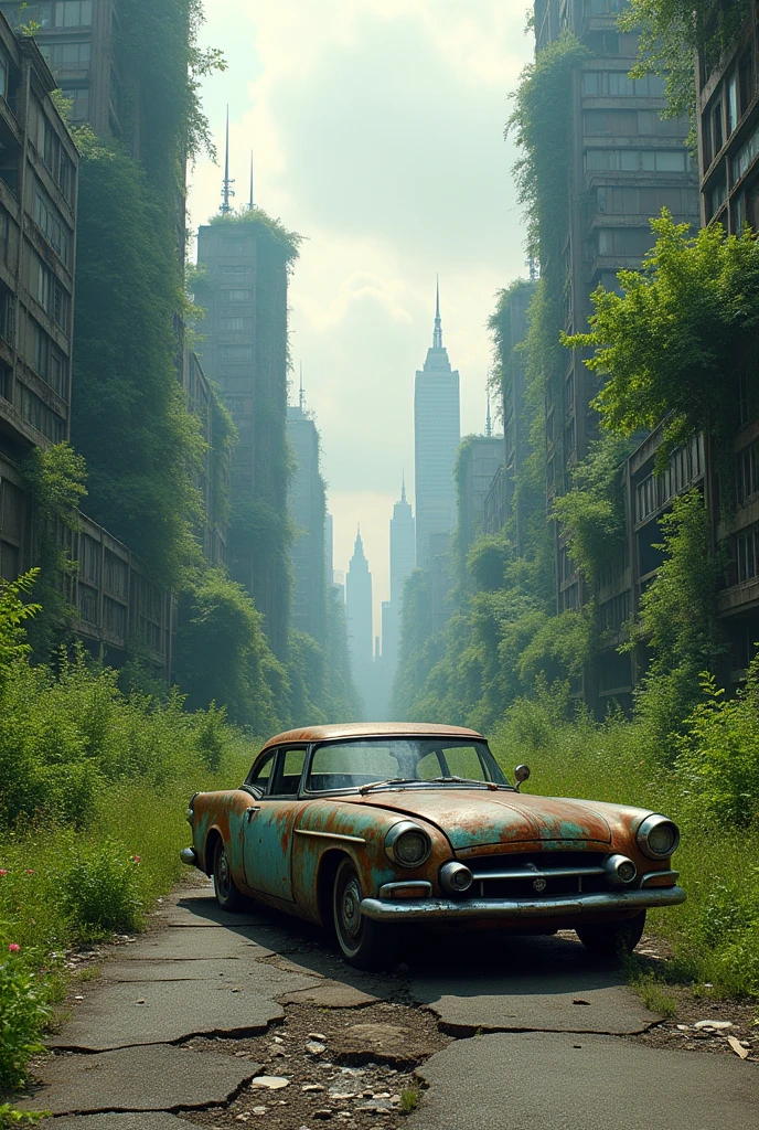 a city with a lot of tall buildings and a car in the middle of it, in a post apocalyptic city, in a tropical and dystopic city, overgrown city, dystopin future, in a ruined cityscape, city is pure wasteland, post - apocalyptic city streets, outdoors ruined cityscape, in a dystopian landscape, apocalypse with vegetation