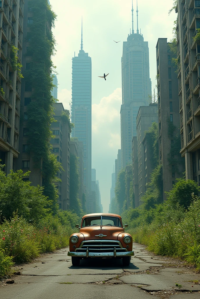 a city with a lot of tall buildings and a car in the middle of it, in a post apocalyptic city, in a tropical and dystopic city, overgrown city, dystopin future, in a ruined cityscape, city is pure wasteland, post - apocalyptic city streets, outdoors ruined cityscape, in a dystopian landscape, apocalypse with vegetation