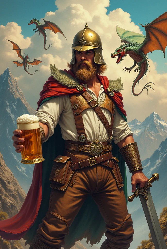 Pontus dressed in Tyrolen lederhosen with galea helmet, holding a sword and mead mug. Dragons in the background. Style classic oil painting