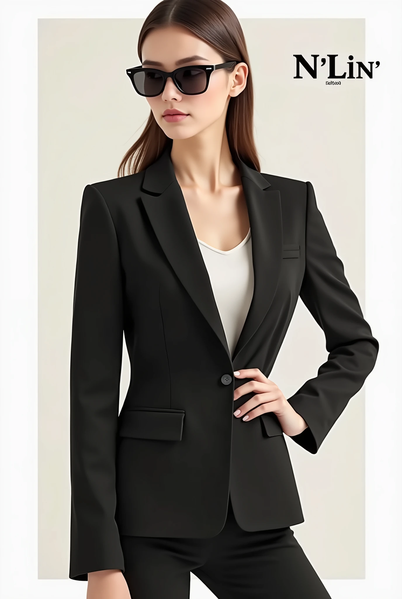 Create a fashion poster featuring a women's blazer as the main product, with the brand name 'N'Lin' prominently displayed in the image. The poster should exude elegance and sophistication, appealing to young women with a refined and trendy sense of style. Use a minimalist design with a clean background, focusing on the blazer's details and quality. The typography should be sleek and modern, and the placement of 'N'Lin' should be tasteful yet noticeable, reinforcing the brand's identity within the high-fashion market.