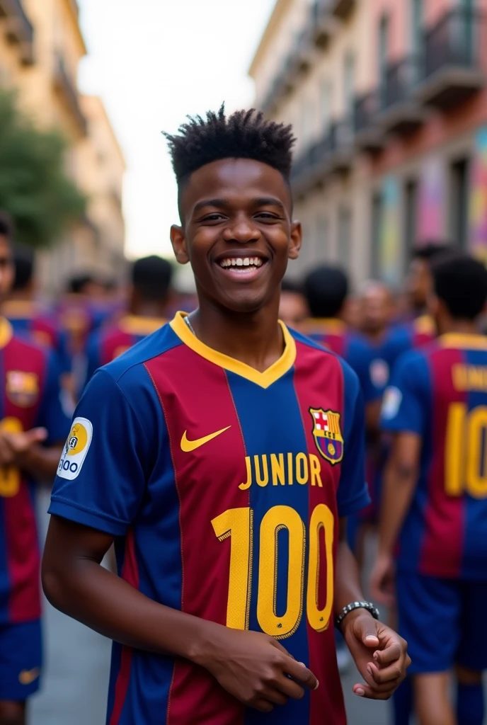 Crée un image dun homme 17ans noir qui support le Barcelone avec le maillot floque junior nps 100%