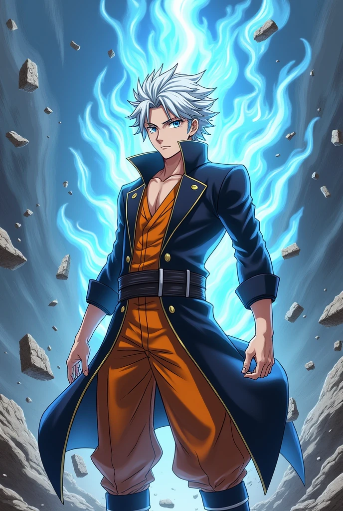 1 boy, teenager, short white hair and blue eyes solo, anatomically perfect body, boy, beautiful and stylish orange and black outfit, Fairy Tail anime style art, epic fight scene, preparing a blue flame strike, going into battle, destroyed fight background