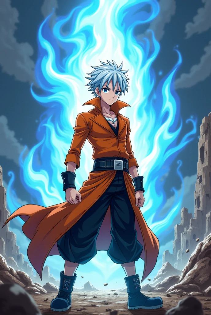1 boy, teenager, short white hair and blue eyes solo, anatomically perfect body, boy, beautiful and stylish orange and black outfit, Fairy Tail anime style art, epic fight scene, preparing a blue flame strike, going into battle, destroyed fight background