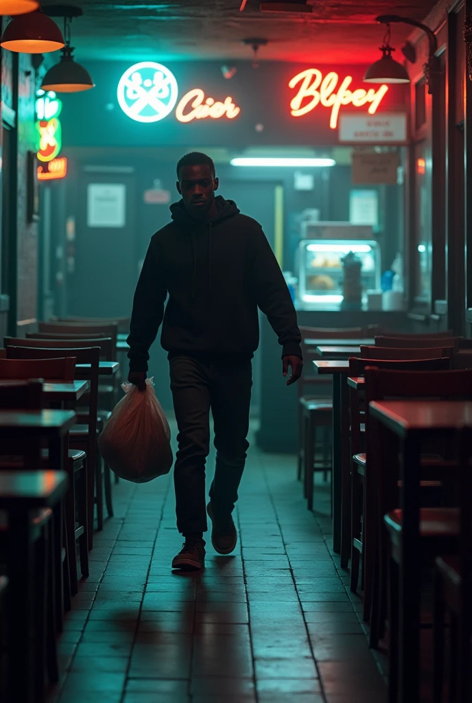 Footage from a restaurant's security camera showing a young Black man stealing food alone while the restaurant was closed.