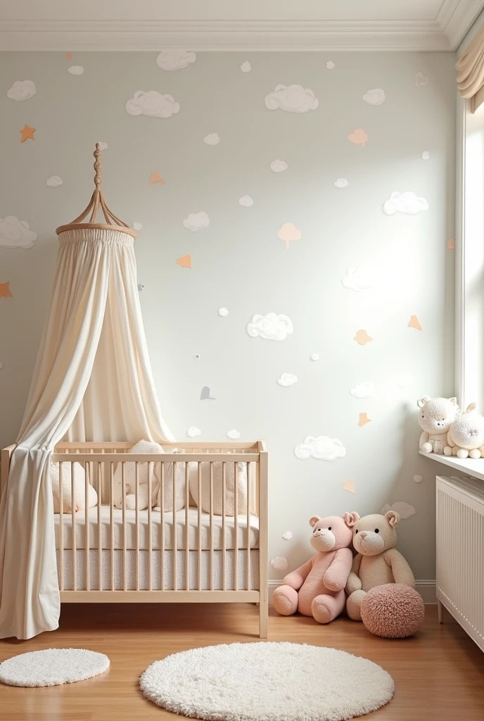 a baby room with bleach wallpaper