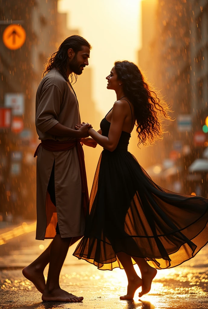 A BROWN MAN, greeneyes, Long brown hair, 5 feet 7 inches tall, brown tunic dress, dancing with a white woman, 5 feet 1 inch tall, medium black curly hair, IN A BLACK DRESS, barefoot, in the rain, on golden streets