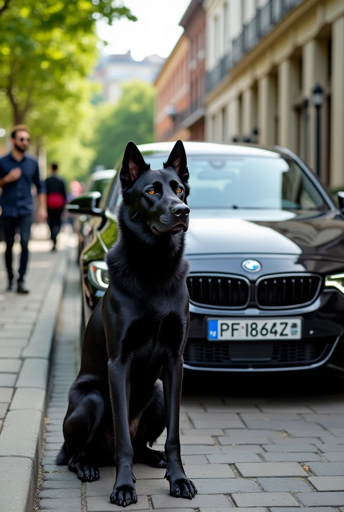 photo black dog in background black BMW car background