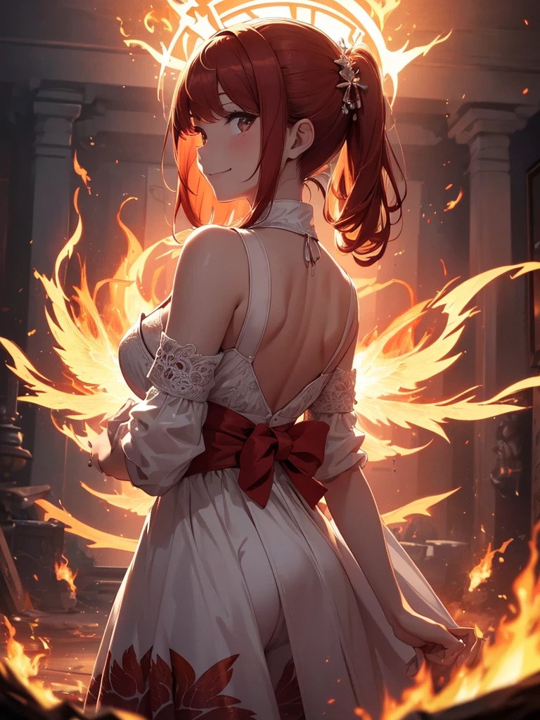 (((best quality, sharp image, clear image, cinematic lighting, 8k resolution, masterpiece, ultra detailed, intricate))) Girl, (((looking over left shoulder))), (shot from behind), ((shot from hip up)), fiery red hair, pigtails, ((white dress)), ((flaming sigils, flaming runes)), spiky rock formations, (flaming lotus flowers frame), (intricate background), ((Phoenix)), (swirling flames), smiling
