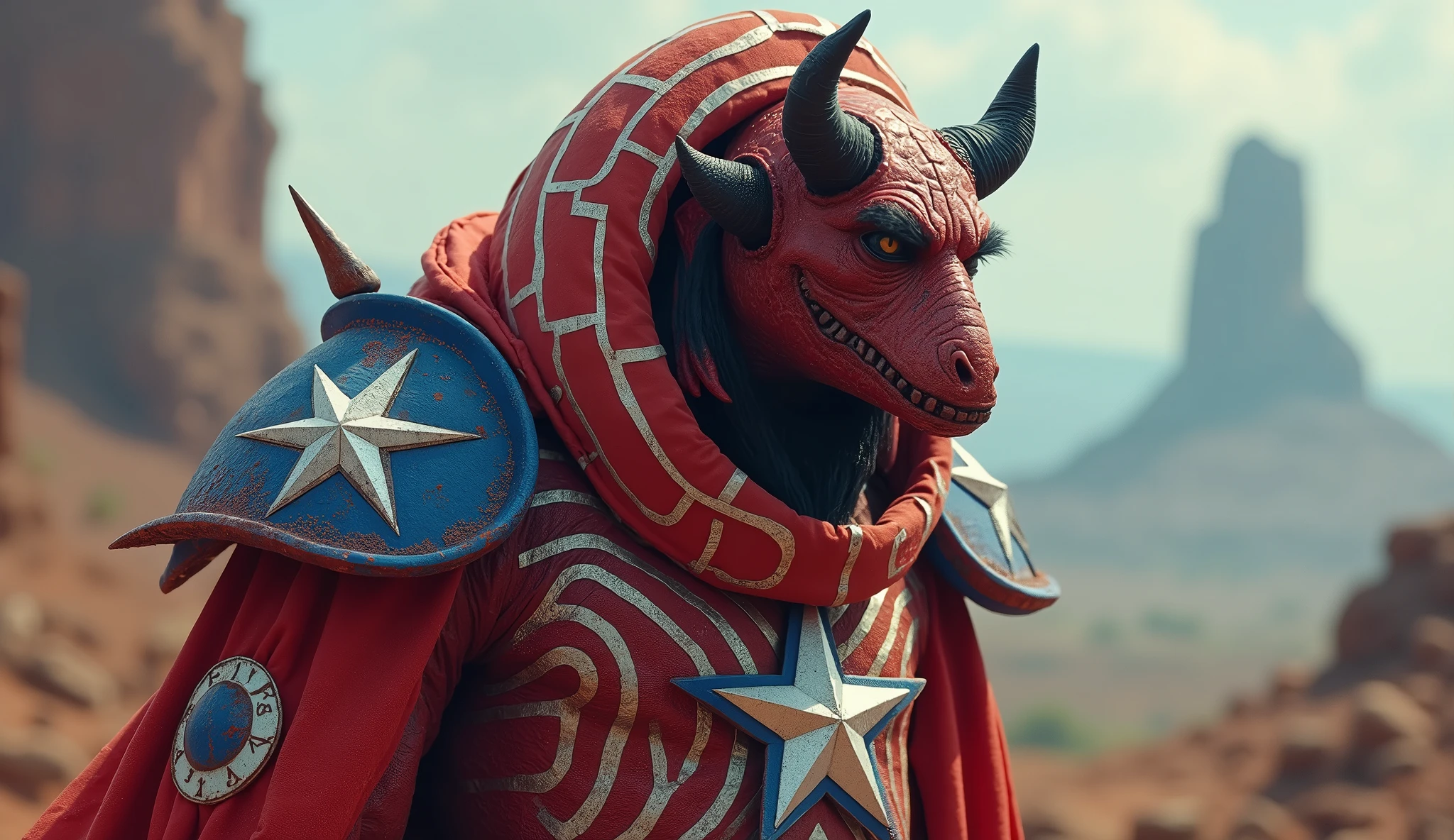 Liberia as an african League of Legend bloody creature in striped red and white colors with blue details and a white five-pointed star. Intricated clothing. Cinematic Fantasy sci-fi landscape background