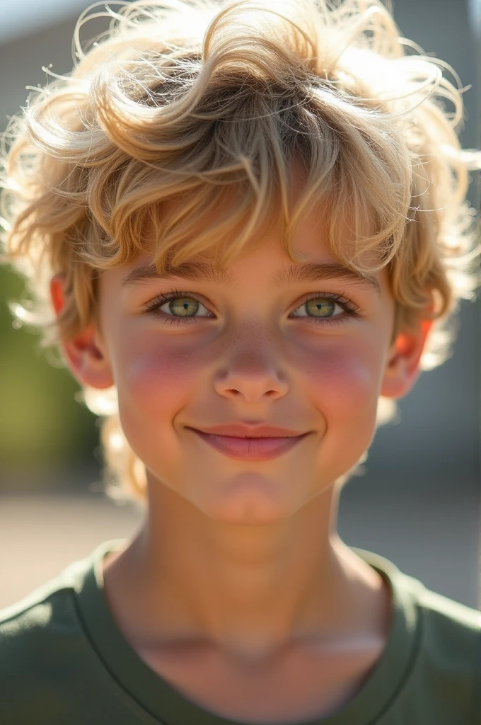 20 year old boy, with blonde and wavy hair, upturned nose and green eyes, with long eyelashes and thick pink lips. White skin, very handsome and with a half smile